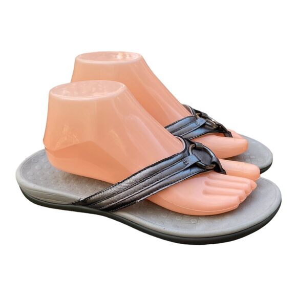 Vionic Sz 9 Orthotic Pewter Leather Tide Aloe Post Sandal  Upper Thong flip flop - Picture 3 of 10